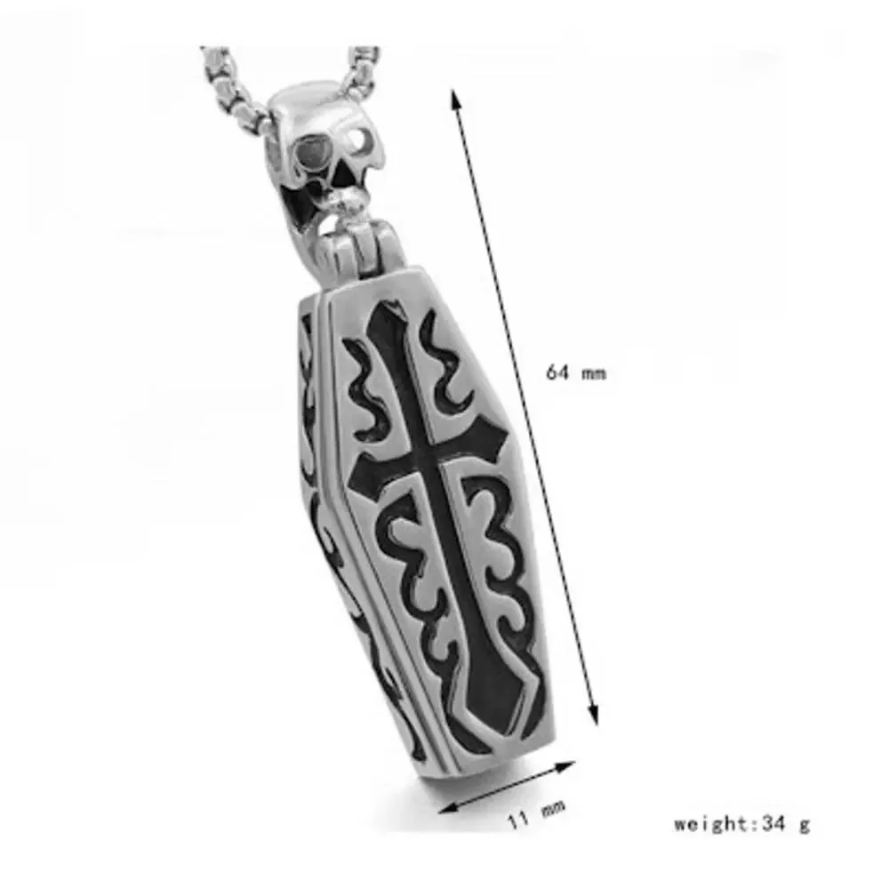 Gothic Cross Necklace with Skeleton Inside Titanium Steel Coffin Pendant Skull